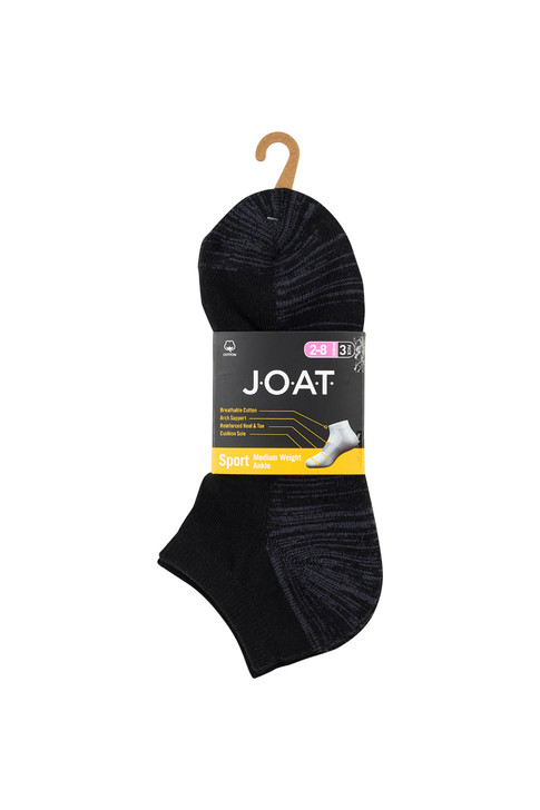 Women's Cotton Ankle Action Socks with Arch Support - 3 Pack- Black