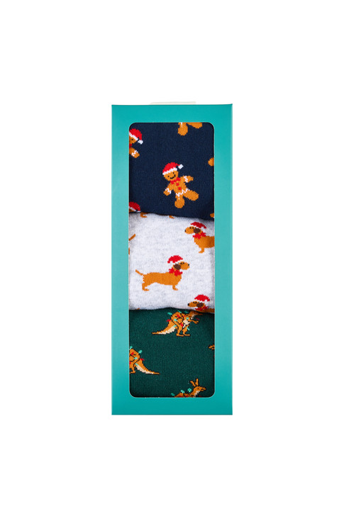Men's 3 Pairs Cotton Rich Crew Socks - Christmas Gift Box- Sausage Dogs, Gingerbread Men & Kangaroos