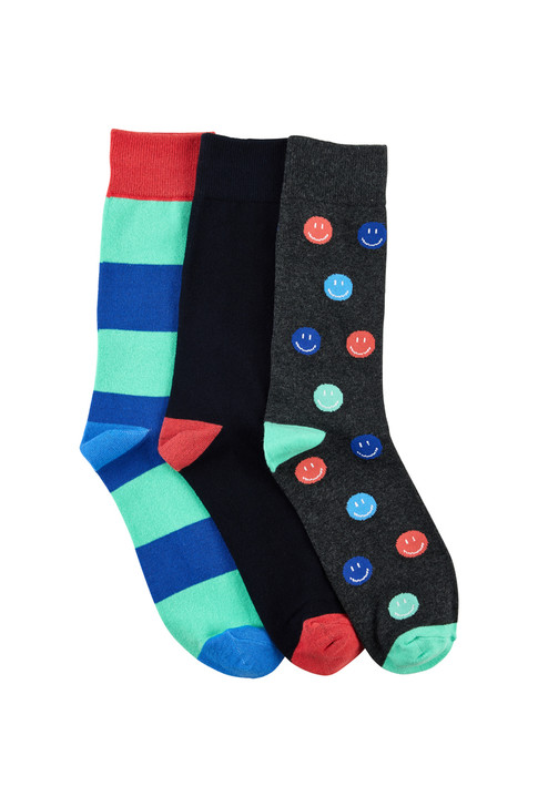 Men's Cotton Rich Crew Socks- 3 Pack- Happy Faces