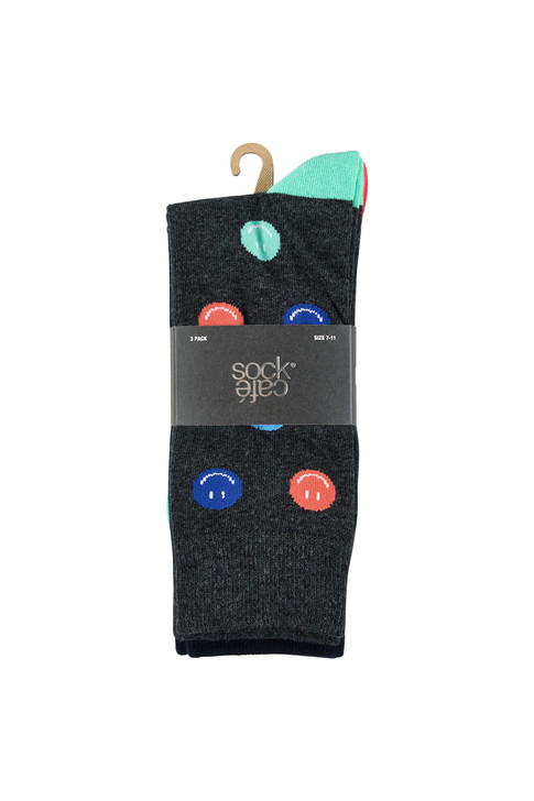 Men's Cotton Rich Crew Socks- 3 Pack- Happy Faces