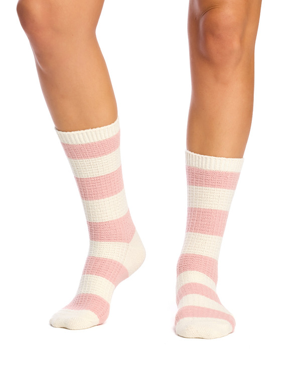 Women's Winter Weight Crew Socks - 2 Pack- Butter Soft Textured Waffle - Blush Pink & Cream