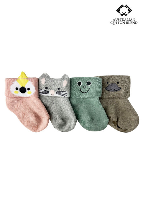 Baby Socks in Australian Cotton- Turn top cuff, Terry cushion foot and Non-slip sole- 4 Pack - Cockatoo, Platypus, Bilby & Frog