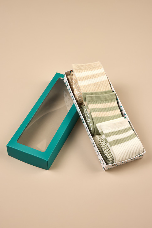 Women's Cotton Crew Pilates Socks 3 Pack - Botanic Neutral Gift Box