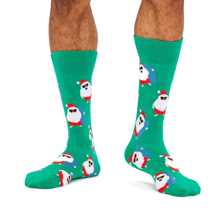 Men's Fine Cotton Fun Crew Socks - Surfing Santa
