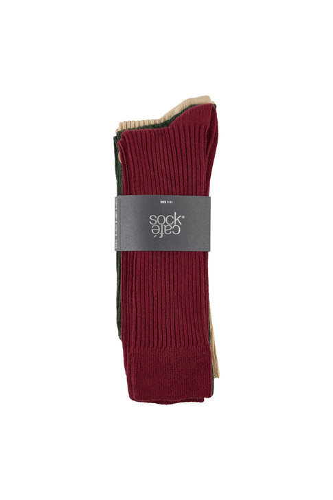 Men's Cotton Rich Crew Dress Socks- 3 Pack - 2x2 Rib- Biscuit, Olive & Wine
