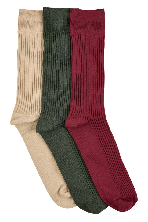 Men's Cotton Rich Crew Dress Socks- 3 Pack - 2x2 Rib- Biscuit, Olive & Wine