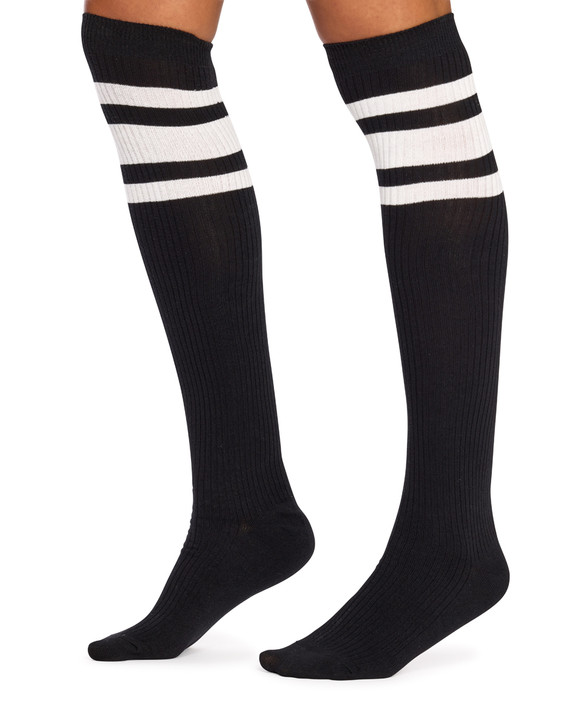 Women's Fine Cotton Over the Knee Socks- Black Stripe