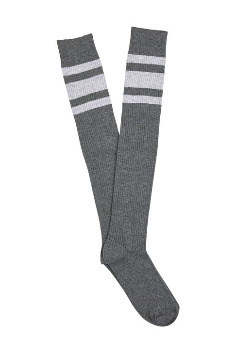Women's Fine Cotton Over the Knee Socks-  Charcoal Stripe