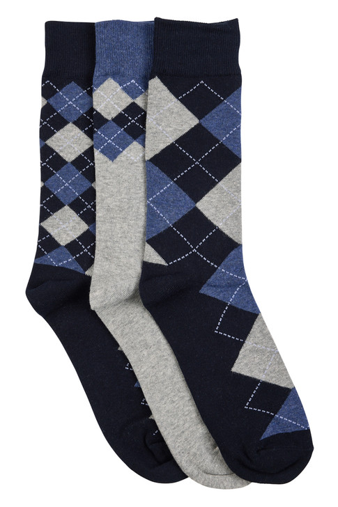 Men's Cotton Rich Dress Crew Socks- 3 Pack- Argyle- Navy