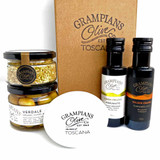 Entertainer hamper - including infused oil, vinegar, dukkah, olives, serving dish.