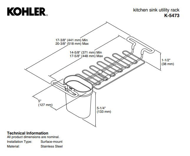 KOHLER Kitchen Accessories Kitchen Sink Utility Rack 25386TNA