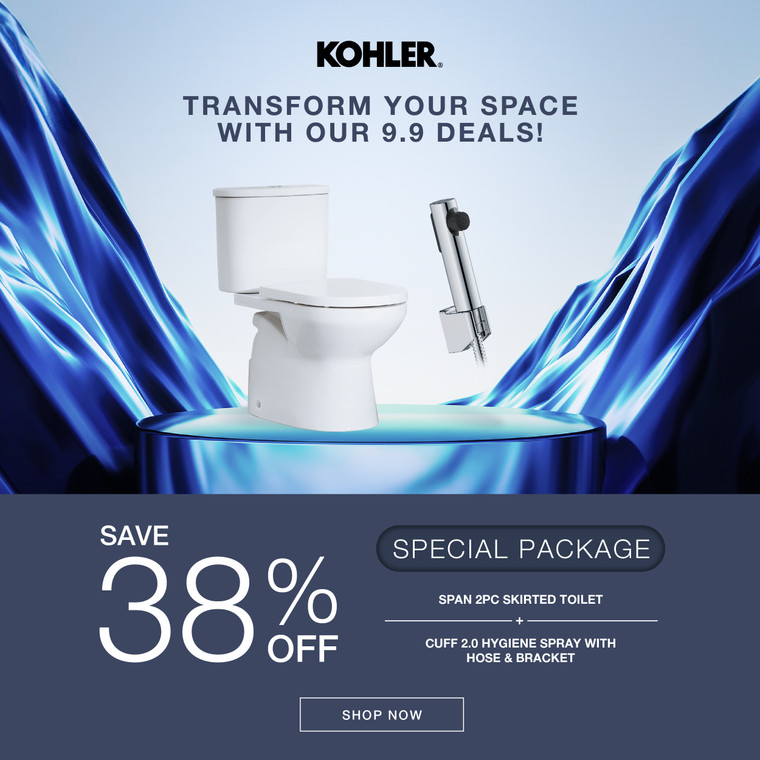 (9.9 Special Package) KOHLER Toilet / Kloset Span 2PC Skirted 35579ID-S-0 + KOHLER Jet Shower Cuff 2.0 Hygiene Spray Hose dan Bracket R29782-CP