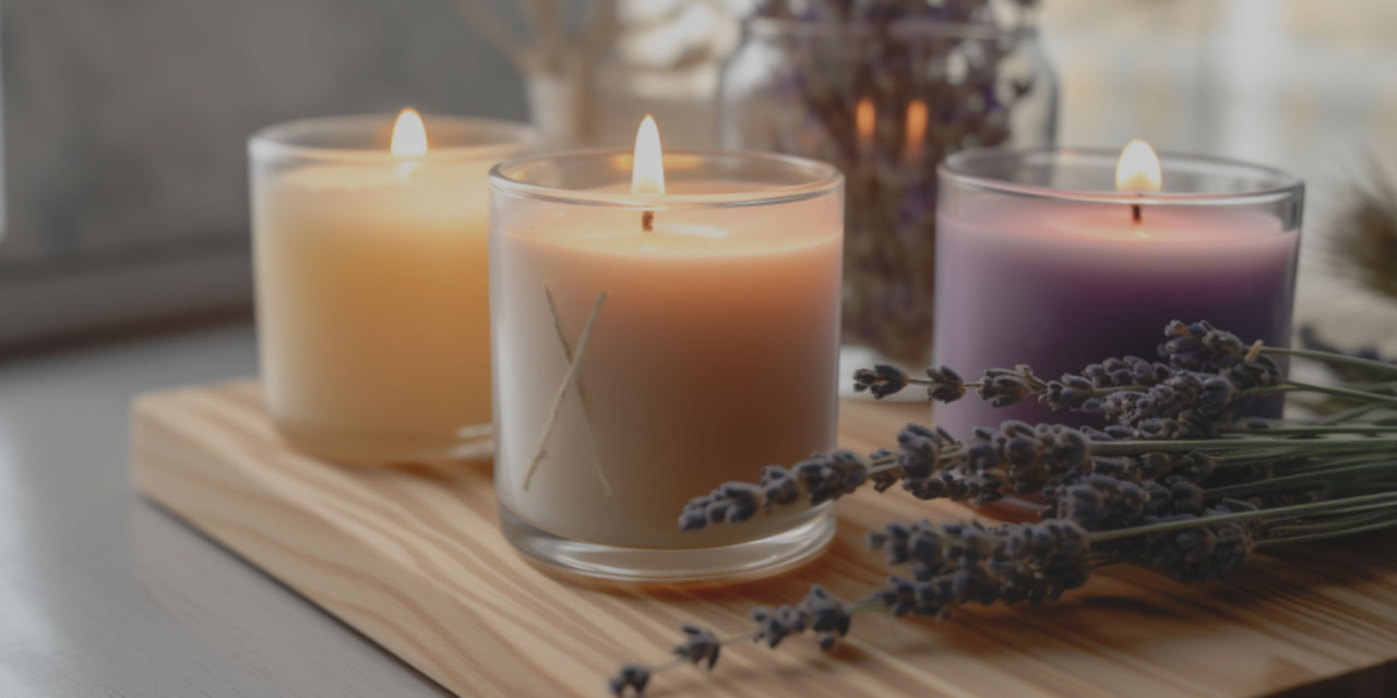 Three lit candles on a wooden cutting board next fresh lavendar