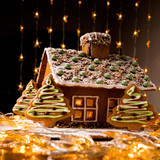 Iced gingerbread house with trees and warm fairy lights — scent inspiration for Hansel & Gretel's House fragrance oil