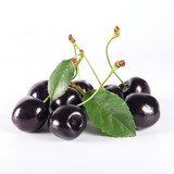 Dark cherries with green leaves on white background — scent inspiration for Black Cherry fragrance oil