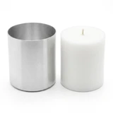 Seamless Aluminum Round Mold (4" x 4") candle with paraffin wax, single wick, angled view