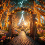 Glowing fairy-light archway on a cobblestone path to a castle — scent inspiration for Enchanted Castle Garden fragrance oil