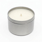 Silver Candle Tin 8oz candle with soy wax, single wick, angled view