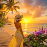 Woman in a yellow dress and straw hat on a beach boardwalk at sunset — scent inspiration for Cheirosa 62 fragrance oil
