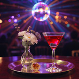 Pink martini and white flowers on a gold tray with a disco ball — scent inspiration for Cheirosa 76 fragrance oil