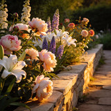 pink and white flowers along stone wall in golden light — scent inspiration for Garden Glow fragrance oil
