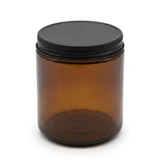 Amber Straight Sided Round Jar 9oz with Metal Threaded Lid Matte Black #70-400, angled view