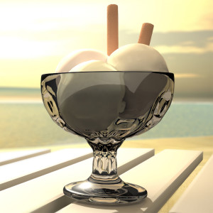 Glass dish of white ice cream scoops by the sea — scent inspiration for French Vanilla fragrance oil