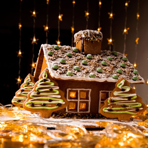 Iced gingerbread house with trees and warm fairy lights — scent inspiration for Hansel & Gretel's House fragrance oil