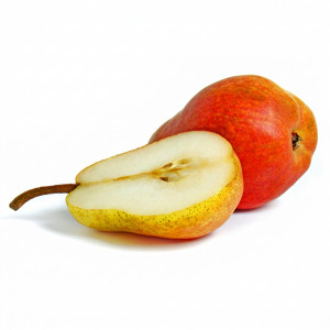 Halved yellow pear beside a red-orange pear — scent inspiration for Pearberry fragrance oil