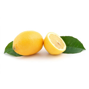 Whole and halved lemons with green leaves on white — scent inspiration for Sage & Citrus fragrance oil