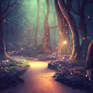 Glowing path through misty forest with floating lights — scent inspiration for Whispering Woods fragrance oil