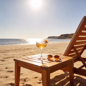 Cocktail glass and sunglasses on wooden table at sunny beach — scent inspiration for Warm Radiance fragrance oil
