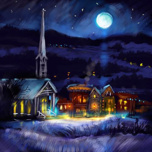 Painted snowy village with a church under a full moon — scent inspiration for Dickens Christmas fragrance oil