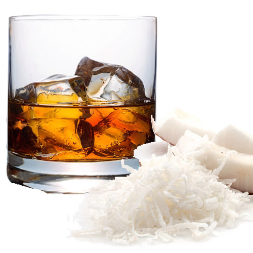 Glass of iced amber drink beside shredded coconut — scent inspiration for Coconut Bourbon fragrance oil