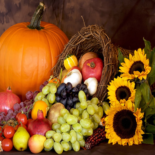 Pumpkin, grapes, sunflowers and fruit in autumn cornucopia — scent inspiration for Autumn Harvest fragrance oil