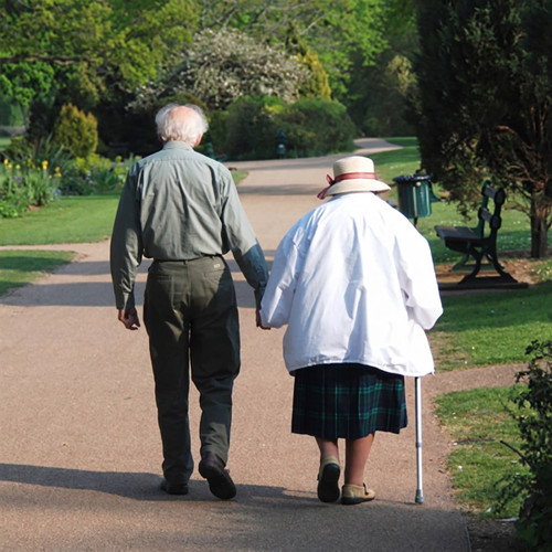 Elderly couple holding hands on a garden path — scent inspiration for Forever Romance fragrance oil