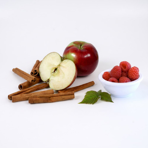 Cinnamon sticks, red apple halves, and raspberries — scent inspiration for Cinnamon Apple Berry fragrance oil