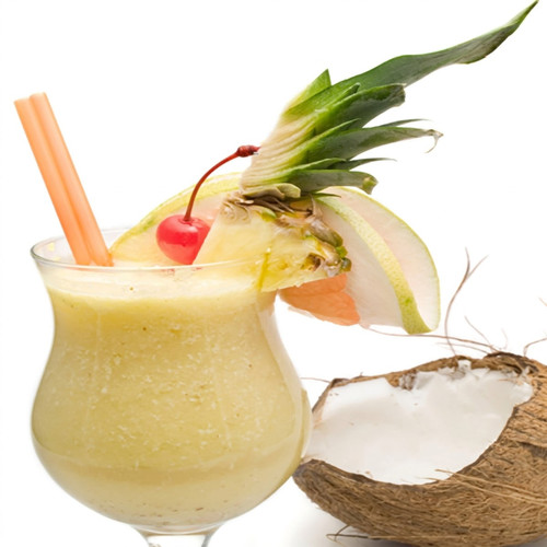 Frothy yellow cocktail with pineapple, cherry, coconut, straw — scent inspiration for Pina Colada fragrance oil