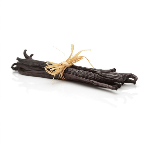 Bundle of dark vanilla beans tied with raffia on white — scent inspiration for Vanilla Bean fragrance oil