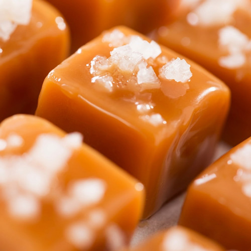 Caramel candy cubes topped with flaky sea salt — scent inspiration for Salted Caramel fragrance oil