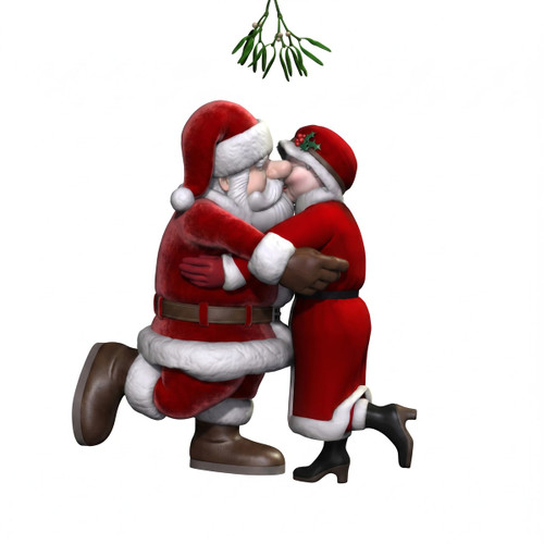 Two Santa figures hugging under green mistletoe — scent inspiration for Mistletoe fragrance oil