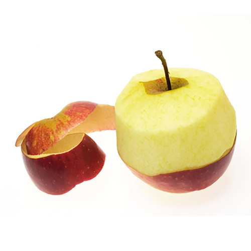 Apple being peeled, yellow flesh with red skin spiral — scent inspiration for Apple Jack 'N Peel fragrance oil