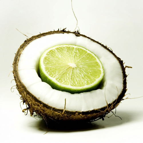 Lime slice nested in a white half coconut — scent inspiration for Coconut Lime Verbena fragrance oil