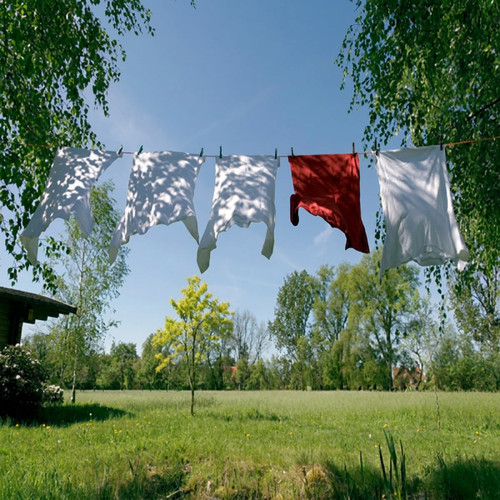White and red laundry hanging on a line in a green field — scent inspiration for Sunwashed Linen fragrance oil