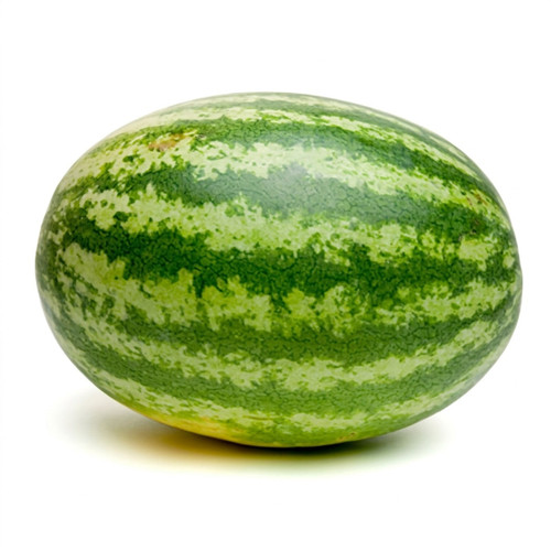 Whole green-striped watermelon on white background — scent inspiration for Watermelon fragrance oil