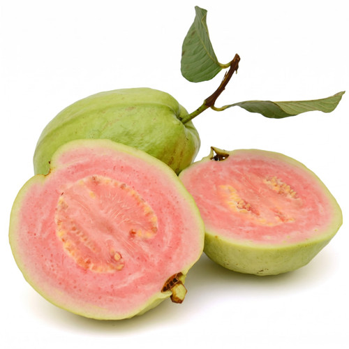 Whole and halved guava showing pink flesh on white — scent inspiration for Hibiscus Guava Fresca fragrance oil