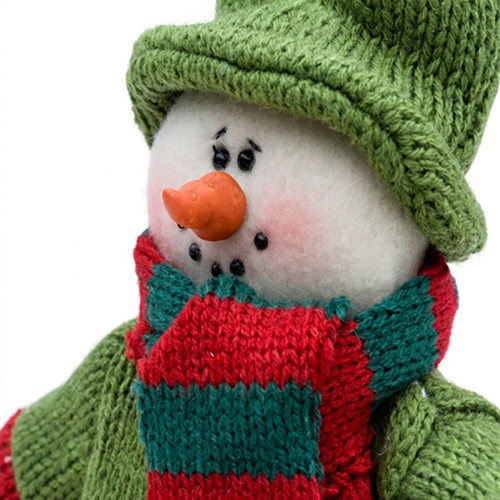 Snowman face with green knit hat and red-green scarf — scent inspiration for Jack Frost fragrance oil