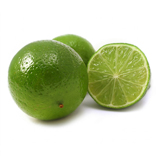 Whole green limes and a halved lime on white — scent inspiration for Lime fragrance oil