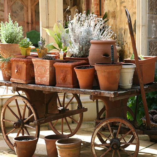 Terracotta pots of herbs on a rustic wooden cart — scent inspiration for Tuscan Herb fragrance oil