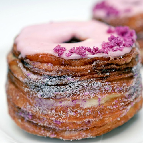 Pink-glazed cronut pastry with purple sugar crystals — scent inspiration for Sugared Cronut fragrance oil